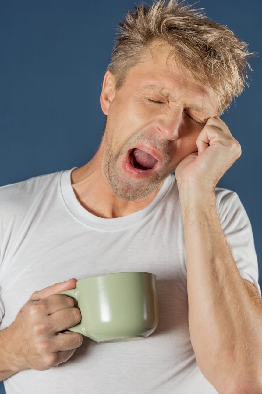 Webstory - Chás para dormir NAO USAR APOS ESSA DATA 09-10-2024 EM CASO DE DUVIDA CONSULTE A FOTOGRAFIA Sleepy man with a mug of coffee and a towel photo Dmitry_Tkachev /adobe.stock