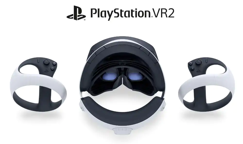 Parte interna do headset PlayStation VR2 acompanhado pelos controles PS VR2 Sense